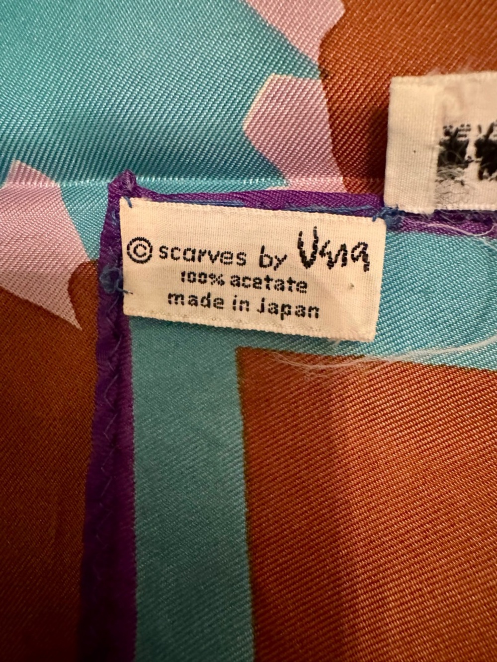 Vera Neumann Oblong Scarf 44x15 Brown Teal Purple Leaves Japan Vintage - Picture 5 of 9